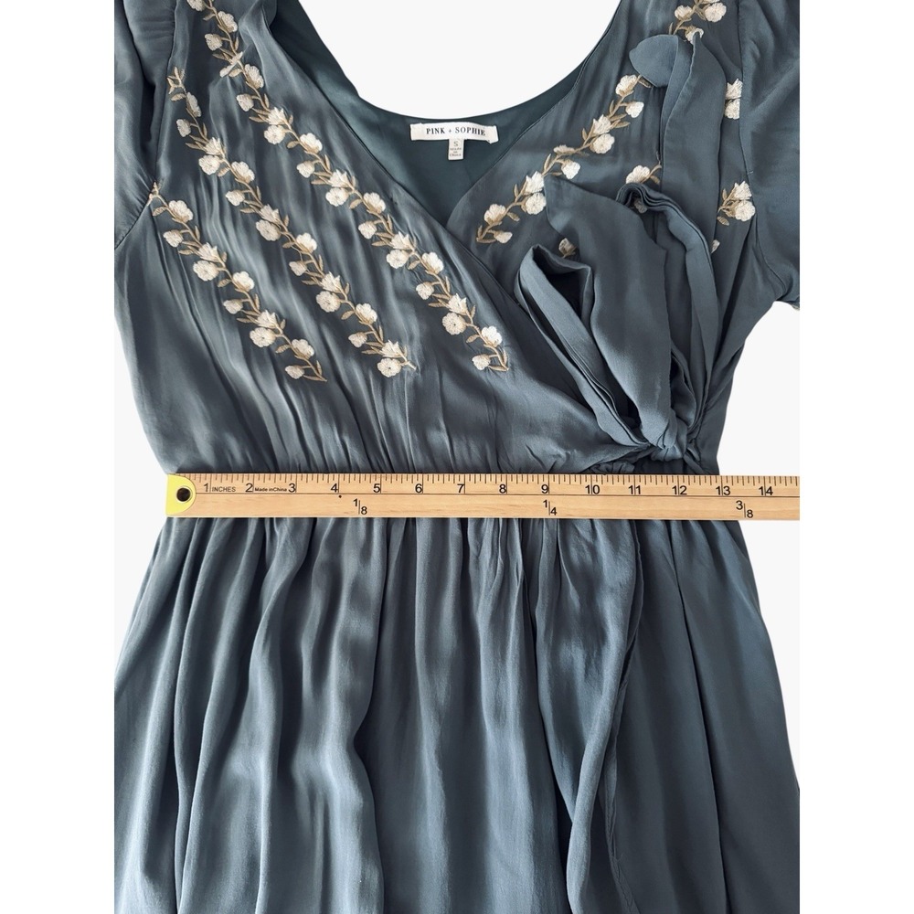 Pink + Sophie Faux Wrap Dress Small Asymmetrical Maxi Embroidered Floral Boho - Picture 9 of 10